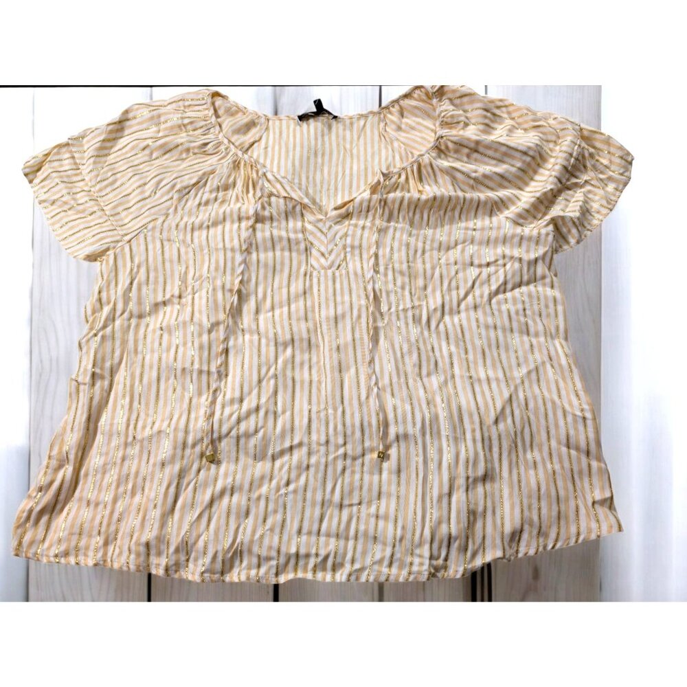 Adrienne Vittadini Shirt Plus Size XXX 3X Short Sleeve Metallic Gold Striped Top